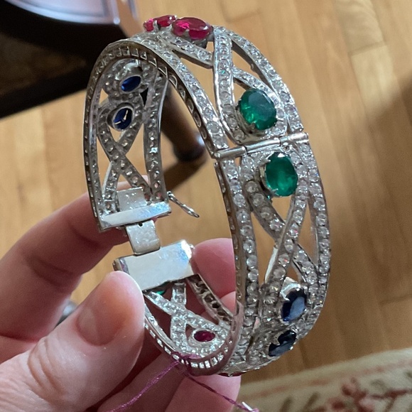 NWT Sterling Silver 925 Genuine Ruby/Emerald/Sapphire White Crystal wide bracele - Picture 5 of 15